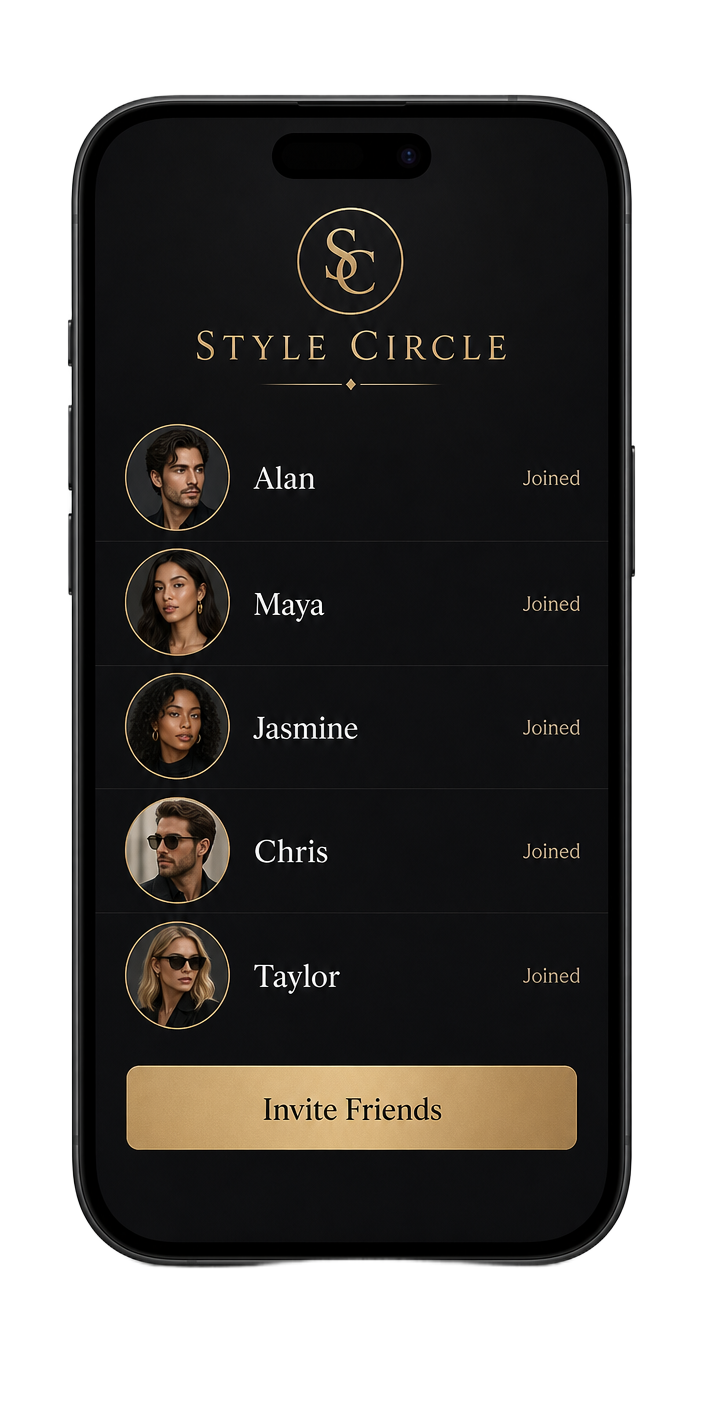 Style Circle screen listing invited members who have joined, with an Invite Friends button.