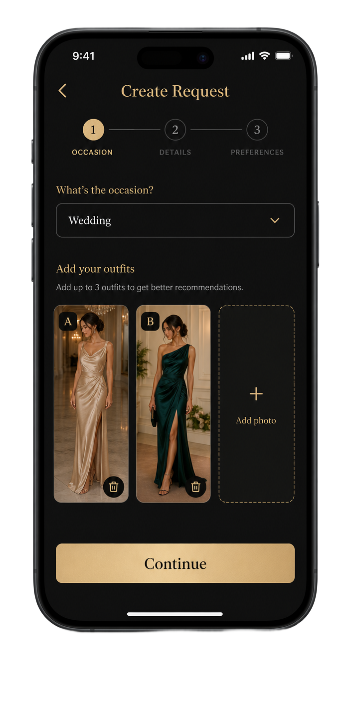 Create Request screen with an occasion field and two uploaded outfit photos labelled A and B.
