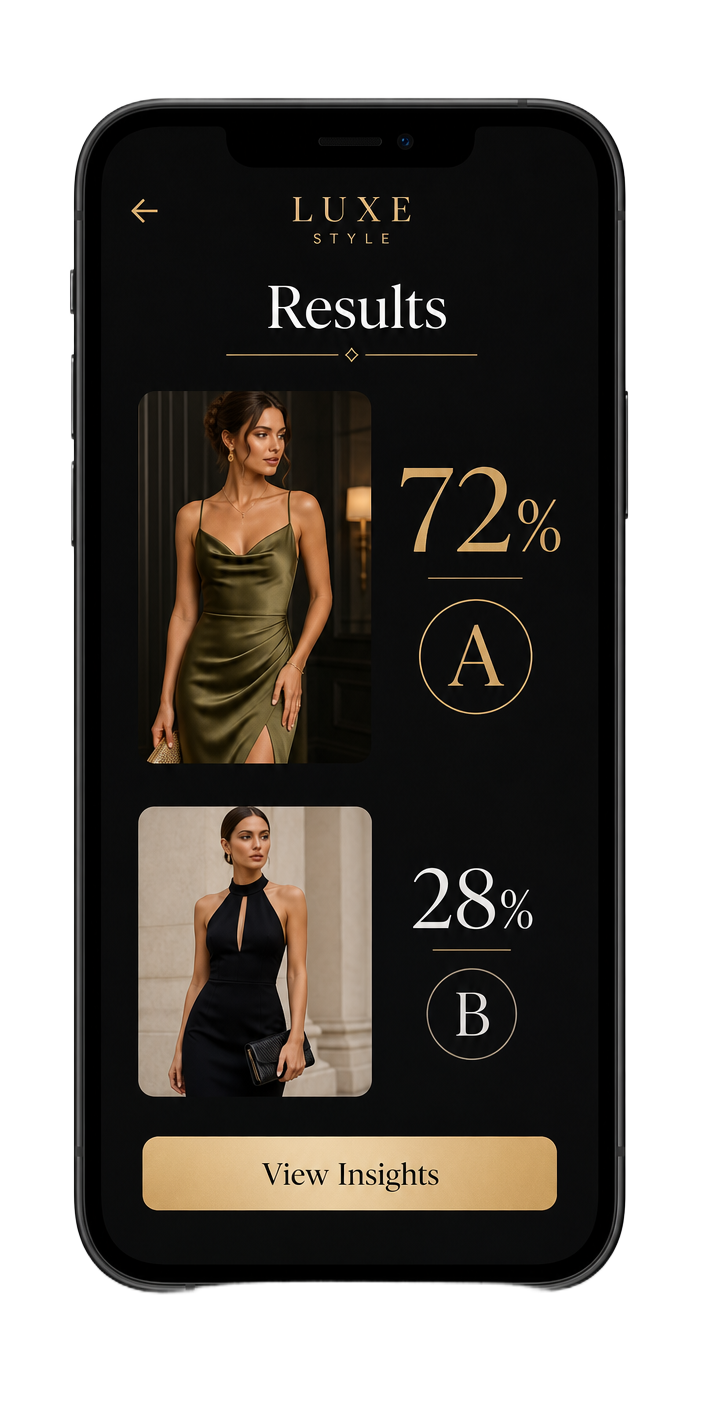 Results screen comparing two outfits with sample vote percentages for option A and option B.