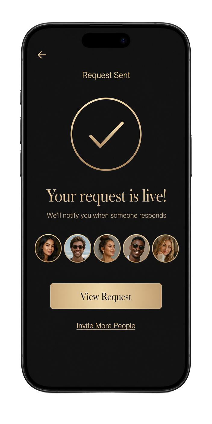 Request Sent screen confirming the request is live and shared with invited people.